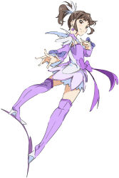 Rule 34 | 1girl, boots, bow, brown eyes, brown hair, commentary request, cosplay, crossover, cure sword, cure sword (cosplay), detached sleeves, dokidoki! precure, earrings, full body, high heel boots, high heels, hisami nanami, jewelry, looking back, magical girl, outstretched hand, ponytail, precure, purple bow, purple footwear, simple background, sketch, solo, standing, umanosuke, wake up girls!, white background