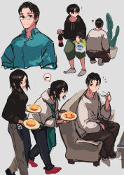 Rule 34 | black hair, black pants, blue shirt, bottle, brown pants, cactus, chair, collared shirt, copyright request, food, glasses, green pants, heart, highres, holding, holding food, holding plate, kaneni, long sleeves, pants, plant, plate, potted plant, red legwear, shirt, short hair, sitting, socks, table