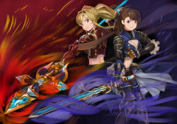 Rule 34 | 2girls, armor, aura, back-to-back, beatrix (granblue fantasy), black gloves, black skirt, blonde hair, boobplate, boots, braid, breastplate, breasts, brown hair, cleavage, cleavage cutout, clothing cutout, commentary, elbow gloves, eye contact, fighting stance, fingerless gloves, floating hair, gloves, granblue fantasy, greaves, hair intakes, hairband, holding, holding spear, holding sword, holding weapon, knee boots, looking at another, looking back, multiple girls, navel, navel cutout, pleated skirt, polearm, skirt, smile, spear, standing, sword, twintails, waist cape, wasabi60, weapon, wind, wind lift, zeta (granblue fantasy)