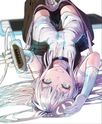 Rule 34 | 1girl, akieda, battery, black thighhighs, blue eyes, blue necktie, blurry, cellphone, collarbone, commentary, depth of field, dress, gloves, green eyes, grey hair, hair between eyes, headphones, holding, long hair, looking at viewer, lying, multicolored eyes, necktie, on back, original, parted lips, personification, phone, power symbol, smartphone, smile, solo, teeth, thighhighs, thighs, upside-down, usb, white background, white dress, white gloves