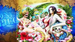 Rule 34 | 1boy, 1girl, black hair, blue eyes, boa hancock, breasts, cleavage, cocktail, copyright name, flower, hibiscus, large breasts, long hair, looking at viewer, one piece, sanji (one piece), snake