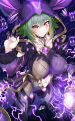 Rule 34 | 1girl, absurdres, black background, blush, bodysuit, breasts, choker, cicin (genshin impact), cicin mage (genshin impact), closed mouth, collarbone, covered erect nipples, electro cicin mage (genshin impact), fur trim, gem, genshin impact, green hair, hand up, highres, hood, large breasts, lightning, long sleeves, looking at viewer, looking up, navel, nez-box, revealing clothes, short hair, signature, smile, solo, standing, tagme, yellow eyes