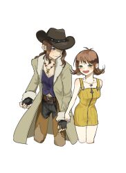 Rule 34 | 1boy, 1girl, bare shoulders, belt, belt buckle, black gloves, blue eyes, blue shirt, blush, breasts, brown belt, brown headwear, buckle, chaps, coat, cowboy hat, cowboy shot, cropped legs, curly hair, final fantasy, final fantasy viii, fingerless gloves, fur-trimmed coat, fur trim, gloves, green eyes, grey coat, hat, irvine kinneas, jacket tug, jewelry, long coat, long hair, long sleeves, looking at another, low ponytail, medium breasts, necklace, nodoka0707, open mouth, parted bangs, selphie tilmitt, shirt, short hair, smile, v-neck, wavy hair, white background, yellow overalls