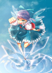 Rule 34 | 1girl, :d, bad id, bad pixiv id, blue dress, blue hair, cirno, clenched hand, crystal, domotolain, dress, female focus, flower, green eyes, looking at viewer, open mouth, puffy short sleeves, puffy sleeves, shaded face, short hair, short sleeves, smile, solo, embodiment of scarlet devil, touhou, wings