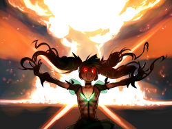 Rule 34 | 1girl, choker, crazy, crybringer, dodonpachi, dodonpachi saidaioujou, explosion, fangs, flat chest, gloves, glowing, glowing eyes, green hair, hibachi (dodonpachi), mushroom cloud, nuclear weapon, nuclear explosion, nuclear weapon, open mouth, outstretched arms, red eyes, ribbon, smile, solo, spread arms, twintails, weapon of mass destruction