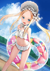 Rule 34 | 1girl, :d, abigail williams (fate), abigail williams (swimsuit foreigner) (fate), abigail williams (swimsuit foreigner) (third ascension) (fate), absurdres, arms behind back, bare arms, bare shoulders, beach, bent over, bikini, blonde hair, blue eyes, blue sky, blush, bow, breasts, cloud, collarbone, day, dutch angle, fate/grand order, fate (series), flat chest, food, forehead, hair bow, hair ornament, hat, highres, holding, innertube, long hair, looking at viewer, multiple bows, navel, ocean, open mouth, outdoors, parted bangs, sidelocks, sky, smile, solo, sunga2usagi, swim ring, swimsuit, twintails, very long hair, water, white bikini, white bow