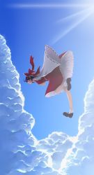 Rule 34 | 1girl, abaraya, ahoge, bad id, bad pixiv id, bow, cloud, day, detached sleeves, female focus, flying, frills, hair bow, hair ribbon, hakurei reimu, highres, japanese clothes, looking back, mary janes, miko, mizutsuki, outstretched leg, red eyes, ribbon, sarashi, shoes, sky, sleeves past wrists, socks, solo, touhou, white socks, wide sleeves