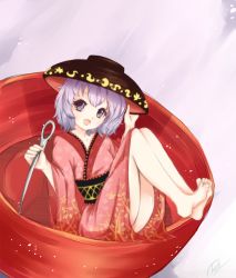 Rule 34 | 1girl, barefoot, bowl, bowl hat, hat, in bowl, in container, japanese clothes, mini person, minigirl, obi, open mouth, plate, purple eyes, purple hair, sash, short hair, solo, sukuna shinmyoumaru, tamiczan, touhou