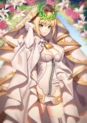Rule 34 | 1girl, blonde hair, breasts, cape, cleavage, closed mouth, cowboy shot, elbow gloves, fate/extra, fate/extra ccc, fate (series), flower, gloves, green eyes, hair between eyes, han shi reina, hand in own hair, hand on own hip, highres, leotard, looking at viewer, medium breasts, nero claudius (bride) (fate), nero claudius (bride) (third ascension) (fate), nero claudius (fate), nero claudius (fate) (all), pink flower, pink rose, rose, short hair, sidelocks, smile, solo, standing, thighhighs, veil, white cape, white flower, white gloves, white leotard, white thighhighs, zipper