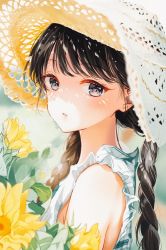 Rule 34 | 1girl, black hair, blurry, blurry background, blush, braid, dress, expressionless, flower, hat, highres, long hair, looking at viewer, original, parted lips, purple eyes, sleeveless, sleeveless dress, solo, sun hat, sunflower, tadano yukiko, twintails, white dress, white hat, yellow flower