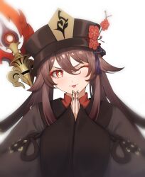 Rule 34 | 1girl, 4sm98, absurdres, black coat, black hat, black nails, blurry, blurry edges, brown hair, coat, fingernails, flower, flower-shaped pupils, genshin impact, grey coat, hair between eyes, hat, hat flower, head tilt, highres, hu tao (genshin impact), long hair, long sleeves, looking at viewer, one eye closed, own hands together, palms together, porkpie hat, red eyes, simple background, sleeves past wrists, smile, solo, staff of homa (genshin impact), symbol-shaped pupils, tassel, tongue, tongue out, twintails, upper body, v-shaped eyebrows, white background, wide sleeves