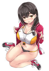 Rule 34 | 1girl, black hair, blush, breasts, cleavage, collarbone, hair between eyes, highres, jacket, large breasts, looking at viewer, mizuhara yuu, navel, nike (company), open mouth, original, red jacket, shoes, simple background, sitting, sneakers, solo, sports bra, stomach, stopwatch, stopwatch around neck, teeth, thighs, track jacket, track uniform, upper teeth only, watch, white background, yellow eyes
