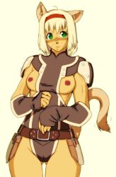Rule 34 | 1girl, animal ears, breasts, cat ears, cat tail, final fantasy, green eyes, hairband, mithra (ff11), nipples, short hair, solo, tail, tzoli