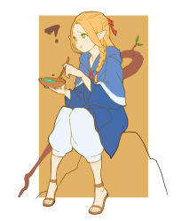 Rule 34 | 1girl, anklet, blonde hair, blue robe, bowl, braid, dungeon meshi, eating, elf, fasces (jeson110), green eyes, half updo, hood, jewelry, long hair, marcille donato, marushiru, pants, pointy ears, robe, sandals, single braid, solo, staff, wooden spoon