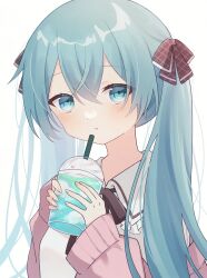 Rule 34 | 1girl, absurdres, blue eyes, blue hair, blush, cardigan, collared shirt, cup, disposable cup, drink, drinking straw, frilled shirt collar, frills, hair ribbon, hatsune miku, highres, holding, holding cup, holding drink, long hair, long sleeves, looking at viewer, neck ribbon, parted lips, ribbon, shirt, solo, star (symbol), twintails, upper body, vocaloid, yomiya yumeha