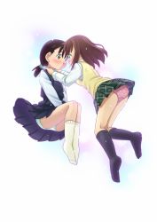 Rule 34 | 2girls, ass, black dress, black socks, blush, breasts, brown hair, closed mouth, dress, eye contact, face-to-face, female focus, flat chest, floating, from behind, full body, green eyes, green skirt, hair tie, happy, highres, kneehighs, kneepits, knees together feet apart, legs together, long hair, long sleeves, looking at another, miniskirt, multiple girls, nose blush, original, panties, pantyshot, parted lips, pinafore dress, pink panties, plaid, plaid skirt, pleated skirt, polka dot, polka dot panties, ponytail, school uniform, shirt, simple background, skirt, sleeveless dress, small breasts, smile, socks, teeth, underwear, upskirt, vest, white background, white panties, white shirt, yellow eyes, yellow legwear, yellow vest, yuri, zegga