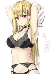 Rule 34 | 1girl, absurdres, armpits, arms up, black choker, black nails, blonde hair, breasts, choker, dated, earrings, fingernails, garter belt, hazuki gyokuto, highres, jewelry, kitagawa marin, large breasts, lingerie, long hair, nail polish, parted lips, red eyes, signature, simple background, solo, sono bisque doll wa koi wo suru, underwear, undressing, white background