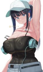 1girl abs arm_up armpits bare_shoulders baseball_cap black_camisole black_hair blue_archive blue_eyes blue_hair blunt_bangs blush breasts camisole cleavage collarbone covered_erect_nipples covered_navel cowboy_shot halo hat headphones headphones_on_breasts highres huge_breasts long_hair looking_at_viewer maruko_tooto official_alternate_costume parted_lips ponytail presenting_armpit saori_(blue_archive) saori_(swimsuit)_(blue_archive) sidelocks simple_background solo sweat toned twitter_username white_background white_hat