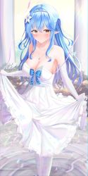 Rule 34 | 1girl, absurdres, ahoge, aki uzuki3, blue hair, blue ribbon, blush, breasts, cleavage, coat, column, commentary, dress, flower, hair flower, hair ornament, heart, heart ahoge, highres, hololive, jewelry, large breasts, looking at viewer, necklace, open mouth, pillar, pointy ears, ribbon, standing, standing on liquid, virtual youtuber, water, wedding dress, yellow eyes, yukihana lamy