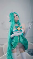 Rule 34 | breasts, clothes lift, cosplay, elbow gloves, gloves, green eyes, green hair, highres, horn, horns, league of legends, long hair, nipples, panties, photo (medium), pointy ears, signature, single horn, skirt, skirt lift, soraka (league of legends), star guardian (league of legends), star guardian soraka, underwear, vandych, white gloves, white panties