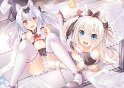 Rule 34 | 2girls, animal ears, ass, azur lane, bad id, bad pixiv id, black bow, black dress, black sailor collar, black skirt, blurry, blurry background, bow, breasts, cat ears, cat hair ornament, commentary request, covering another&#039;s crotch, crop top, depth of field, detached sleeves, dress, dutch angle, frilled legwear, frills, hair bow, hair ornament, hair ribbon, hammann (azur lane), hands up, long hair, midriff, multiple girls, navel, one side up, panties, paper, pleated skirt, puffy short sleeves, puffy sleeves, red bow, red footwear, red ribbon, ribbon, sailor collar, school uniform, serafuku, shoes, short sleeves, silver hair, skirt, small breasts, spread legs, strapless, strapless dress, thighhighs, tile floor, tiles, trend kill, twintails, underwear, very long hair, white legwear, white panties, wrist cuffs, yukikaze (azur lane)
