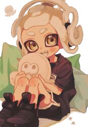 Rule 34 | 1girl, :d, black footwear, commentary, eyebrow cut, full body, headpiece, highres, holding, holding stuffed toy, looking at viewer, medium hair, nintendo, ochocho2828, octoling, octoling girl, octoling player character, open mouth, pillow, shoes, simple background, sitting, smile, solo, splatoon (series), stuffed toy, teeth, tentacle hair, thick eyebrows, white background, white hair, yellow eyes