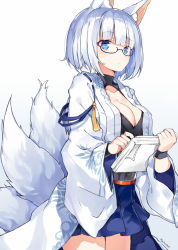 Rule 34 | 1girl, animal ears, azur lane, black-framed eyewear, blue background, blue skirt, breasts, cleavage, closed mouth, commentary request, cowboy shot, fox ears, fox girl, fox tail, glasses, gradient background, holding, holding paper, japanese clothes, kaga (azur lane), kimono, kitsune, long sleeves, looking away, medium breasts, multiple tails, myuton, open clothes, open kimono, paper, semi-rimless eyewear, short hair, silver hair, skirt, solo, tail, tail raised, under-rim eyewear, white background, white kimono, wide sleeves