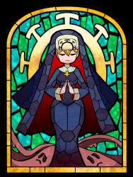 Rule 34 | 1girl, blonde hair, cross, cross necklace, double (skullgirls), closed eyes, fingers together, highres, imeni-art, jewelry, necklace, nun, skullgirls, smile, solo, stained glass