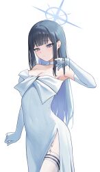 Rule 34 | 1girl, absurdres, black hair, blue archive, blue eyes, blue halo, blush, breasts, choker, cleavage, closed mouth, cowboy shot, dress, elbow gloves, gloves, halo, highres, large breasts, long hair, looking at viewer, official alternate costume, saori (blue archive), saori (dress) (blue archive), simple background, solo, soriham, strapless, strapless dress, thighhighs, white background, white choker, white dress, white gloves, white thighhighs