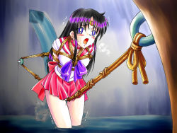 Rule 34 | 1990s (style), 1girl, arms behind back, bdsm, bishoujo senshi sailor moon, black hair, blue eyes, blush, bondage, bound, bow, breast bondage, choker, crotch rope, crotch rope pull, earrings, female focus, hino rei, jewelry, knotted rope, leotard, long hair, magical girl, miniskirt, open mouth, partially submerged, peril, pleated skirt, predicament bondage, pussy juice, red skirt, rope, rope walking, sailor collar, sailor mars, shibari, shibari over clothes, skirt, solo, spark utamaro, star (symbol), star earrings, sweat, sweatdrop, tiara, torture, trembling, wading, water