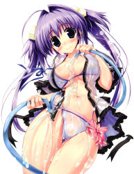 Rule 34 | 1girl, absurdres, ahoge, bikini, blue eyes, blush, breasts, bubble, character request, highres, hose, long hair, looking at viewer, medium breasts, navel, open clothes, open shirt, original, oshiki hitoshi, purple hair, see-through, shirt, simple background, smile, solo, swimsuit, twintails, water, wet, white background
