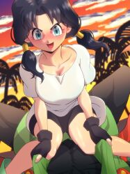 Rule 34 | 1boy, 1girl, absurdres, biker shorts, black hair, blue eyes, blush, breasts, cape, cleavage, cowgirl position, dragonball z, girl on top, gloves, grin, highres, legs, looking at viewer, medium breasts, open mouth, palm tree, pov, shiny skin, shirt grab, sitting, sitting on person, smile, son gohan, straddling, sunset, thighs, tomboy, tree, twintails, videl