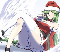 Rule 34 | 1girl, belt, bow, bowtie, breasts, candy, candy cane, christmas, detached sleeves, female focus, food, fur trim, green eyes, green hair, hat, highres, kid icarus, long hair, matching hair/eyes, medium breasts, nintendo, one eye closed, palutena, phiphi-au-thon, reclining, santa costume, santa hat, smile, super smash bros., thighhighs, upskirt, white thighhighs, wink