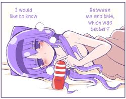 Rule 34 | 1girl, artificial vagina, black hairband, blush, breath, double bun, hairband, hard-translated, hugtto! precure, long hair, low twintails, lying, natsumin, nude, on side, precure, purple eyes, purple hair, ruru amour, sex toy, simple background, solo, sweat, tenga, third-party edit, translated, twintails, white background