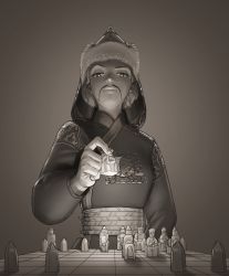 Rule 34 | 1girl, absurdres, bad id, bad twitter id, board game, bright pupils, chess, chess piece, chessboard, commentary, copyright request, crossdressing, elbow gloves, english commentary, facial hair, from below, gloves, greyscale, hat, highres, looking at viewer, monochrome, mustache, shadow, short hair, solo, wass nonnam, white pupils