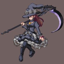 Rule 34 | 10s, 1girl, bad id, bad pixiv id, black footwear, black hat, boots, brown background, brown hair, closed mouth, cross-laced footwear, dress, edda blackbosom, eyepatch, final fantasy, final fantasy xiv, flower, frilled dress, frills, full body, hat, hat flower, holding, holding weapon, lace-up boots, long hair, long sleeves, lowres, over shoulder, pixel art, puffy long sleeves, puffy sleeves, red eyes, rose, scythe, shirokuro (oyaji), simple background, smile, solo, thigh boots, thighhighs, weapon, weapon over shoulder, white flower, white rose, witch hat