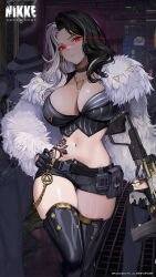 Rule 34 | 1girl, black footwear, black gloves, black hair, black shorts, blush, boots, breasts, choker, cleavage, closed mouth, coat, copyright name, gloves, goddess of victory: nikke, gun, highres, hip tattoo, holding, holding gun, holding weapon, large breasts, long hair, long sleeves, looking at viewer, micro shorts, midriff, multicolored hair, navel, official art, pinstripe pattern, red eyes, rosanna (nikke), shorts, solo focus, split-color hair, stomach, striped, tattoo, thigh boots, thigh gap, thighs, two-tone hair, weapon, white coat, white hair