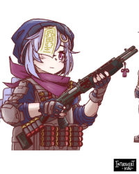Rule 34 | 1girl, alternate costume, arm guards, black gloves, black jumpsuit, braid, bulletproof vest, coin hair ornament, commentary, dual-mode shotgun, english commentary, fingerless gloves, genshin impact, gloves, gun, hair ornament, hair over one eye, hat, highres, holding, holding gun, holding weapon, introvert-kun, jiangshi, jumpsuit, long hair, looking at viewer, low ponytail, ofuda, pump-action shotgun, pump action, purple eyes, purple hair, purple scarf, qiqi (genshin impact), scarf, semi-automatic shotgun, shotgun, shotgun shell, sidelocks, simple background, single braid, solo, spas-12, tactical clothes, trigger discipline, weapon, white background