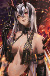 Rule 34 | 1girl, artist name, banner, bare shoulders, blush, breast curtains, breasts, chain, cleavage, collar, collarbone, commentary, english commentary, expulse, fate/grand order, fate (series), fire, gauntlets, hair between eyes, headpiece, highres, holding, horns, jeanne d&#039;arc (fate), jeanne d&#039;arc alter (avenger) (fate), jeanne d&#039;arc alter (fate), lock, looking at viewer, medium breasts, navel, padlock, parted lips, red eyes, revealing clothes, shoulder spikes, silver hair, smile, solo, spikes, stomach, upper body, yellow eyes