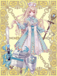 Rule 34 | 1girl, astra dewprism, blonde hair, blue dress, capelet, dress, gold trim, holding, holding shield, holding staff, holding sword, holding weapon, kerberos blade, mimic, mimic chest, official art, shield, solo, staff, standing, sword, weapon, yellow background