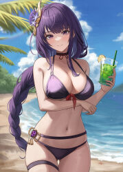 Rule 34 | 1girl, arm under breasts, beach, bikini, black choker, blue sky, braid, breasts, choker, cloud, cowboy shot, cup, day, drink, drinking straw, flower, food, fruit, genshin impact, hair flower, hair ornament, holding, holding cup, ice, ice cube, large breasts, lime (fruit), lime slice, long hair, low-braided long hair, low-tied long hair, mookyuu9, navel, outdoors, parted lips, purple bikini, purple eyes, purple hair, raiden shogun, sky, solo, stomach, swimsuit, thigh strap, very long hair