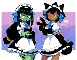 Rule 34 | 2girls, absurdres, alternate costume, animal ears, animal hands, apron, black dress, black skin, blue hair, blue ribbon, blush, blush stickers, brown hair, closed mouth, colored skin, dark-skinned female, dark skin, dress, embarrassed, enmaided, full-face blush, green skin, hair ribbon, hand up, heart, highres, long hair, looking at viewer, low-tied long hair, maid, maid day, maid headdress, multicolored skin, multiple girls, musical note, neneko (rariatto), one eye closed, open mouth, original, outline, puffy short sleeves, puffy sleeves, purple background, rariatto (ganguri), ribbon, ringed eyes, rudy (rariatto), sharp teeth, short sleeves, smile, spoken musical note, standing, tail, teeth, two-tone skin, upper teeth only, v, waist apron, white apron, white outline, wolf ears, wolf tail, yellow eyes