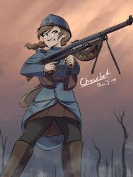 Rule 34 | 1girl, absurdres, adrian helmet, ammunition, ammunition pouch, artist name, automatic rifle, bag, bare tree, belt, bipod, black pants, blue headwear, blue jacket, braid, braided ponytail, brown bag, brown belt, brown footwear, brown hair, brown shirt, buttons, chauchat, clenched teeth, clothing request, combat helmet, commentary, double-breasted, finger on trigger, france, french army, french commentary, french text, from below, glasses, gradient sky, green eyes, gun, haze, helmet, highres, holding, holding gun, holding weapon, jacket, light machine gun, long sleeves, looking away, machine gun, military, military jacket, military uniform, mixed-language commentary, nico jiang, open mouth, original, outdoors, pants, pouch, round eyewear, shirt, shoulder bag, sky, soldier, solo, teeth, tree, uniform, weapon, weapon name, world war i