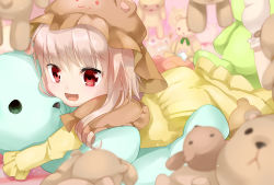 Rule 34 | 1girl, :3, child, curly hair, hat, highres, long hair, looking at viewer, lying, open mouth, original, pink eyes, pink hair, solo, stuffed animal, stuffed toy, teddy bear