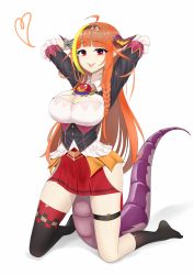Rule 34 | 1girl, absurdres, ahoge, arms behind head, arms up, asymmetrical legwear, bad id, bad pixiv id, black jacket, black thighhighs, blonde hair, blunt bangs, bow, braid, breasts, brooch, cleavage, cleavage cutout, clothing cutout, collared shirt, commentary, dragon horns, dragon tail, eyelashes, frilled sleeves, frills, full body, hairband, heart, highres, hip vent, hololive, horn bow, horn ornament, horns, jacket, jewelry, kiryu coco, kiryu coco (1st costume), kneeling, large breasts, long hair, looking at viewer, lunch boxer, miniskirt, multicolored hair, orange hair, pleated skirt, pointy ears, red eyes, red skirt, shadow, shirt, side braid, side slit, simple background, single sock, single thighhigh, skindentation, skirt, socks, solo, straight hair, streaked hair, striped, striped bow, tail, thigh strap, thighhighs, thighs, tongue, tongue out, two-tone hair, uneven legwear, virtual youtuber, white background, white shirt, wing collar