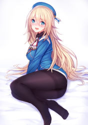 Rule 34 | 10s, 1girl, ass, atago (kancolle), black pantyhose, blonde hair, blue eyes, blue hat, blush, breasts, hat, kantai collection, long hair, looking at viewer, military, military uniform, open mouth, pantyhose, pen (steelleets), personification, solo, thighband pantyhose, uniform