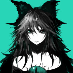 Rule 34 | 1girl, bad id, bad pixiv id, bare shoulders, black hair, blue eyes, bow, expressionless, eyelashes, female focus, hair bow, long hair, messy hair, monochrome, no nose, portrait, reiuji utsuho, simple background, solo, spot color, third eye, touhou, upper body, violence kumahina