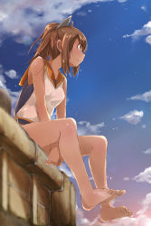 Rule 34 | 10s, 1girl, arms between legs, barefoot, blue sky, brown eyes, brown hair, cloud, day, feet, from below, i-401 (kancolle), kantai collection, lens flare, looking afar, looking away, looking to the side, one-piece swimsuit, outdoors, ponytail, profile, sailor collar, school swimsuit, short ponytail, sitting, sky, solo, swimsuit, swimsuit under clothes, tan, toes, v arms, yumesato makura