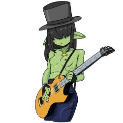Rule 34 | 1girl, absurdres, belt, black hair, black hat, breasts, colored nipples, colored skin, cropped legs, denim, electric guitar, female goblin, fingerless gloves, gloves, goblin, green nipples, green skin, guitar, hair over eyes, hat, highres, instrument, jeans, jewelry, long hair, music, necklace, nipples, original, pants, playing guitar, playing instrument, pointy ears, r-dragon, simple background, small breasts, solo, top hat, topless, white background