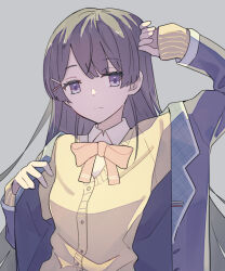 Rule 34 | 1girl, :|, bangs pinned back, black hair, blue jacket, bow, bowtie, closed mouth, expressionless, grey background, hair ornament, hairpin, jacket, light frown, long hair, looking at viewer, nijisanji, open clothes, open jacket, orange bow, orange bowtie, purple eyes, sidelocks, simple background, solo, sou (tuhut), suit jacket, sweater, tsukino mito, upper body, v-neck, virtual youtuber, yellow sweater